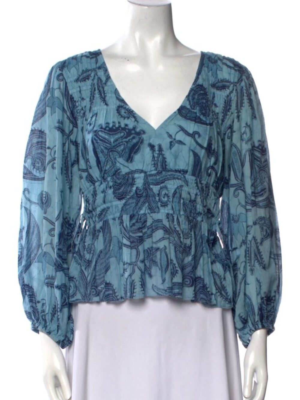 Love the Label Elle Peplum Plunge Neckline Top Blue Paisley Size Small Cotton